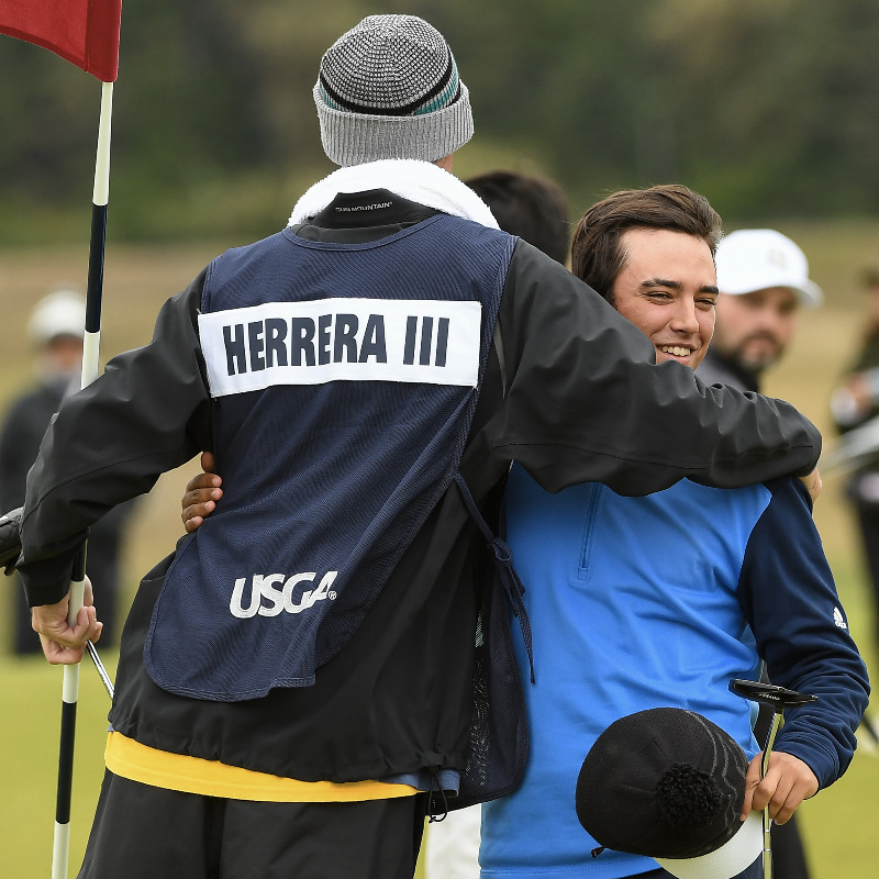 USGA's tweet photo. Playing a defending champion in any USGA championship can be intimidating, but @pdjack_ and @dchat27_ weren’t worried about resumes on a rainy Monday at @ChambersBayGolf.

Here's all you need to know from the #USFourBall Round of 32.