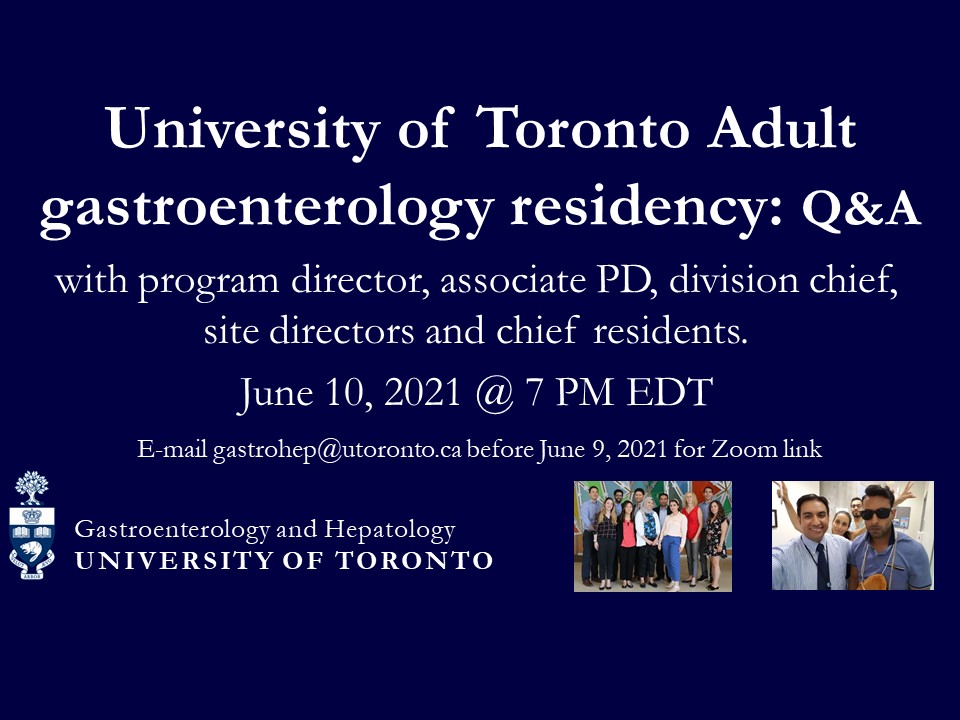 Samir C. Grover, M.D. (@samir_grover) on Twitter photo Curious about <a href="/UofTGastroHep/">University of Toronto Gastroenterology+Hepatology</a>'s residency program in adult gastroenterology? Thinking about applying?
Please visit our Q&A with PD, APD, Division Chief, Site Education Directors, and Chief Residents.
Thursday June 10, 2021 @ 7 PM EDT
e-mail gastrohep@utoronto.ca for Zoom link Curious about <a href="/UofTGastroHep/">University of Toronto Gastroenterology+Hepatology</a>'s residency program in adult gastroenterology? Thinking about applying?
Please visit our Q&A with PD, APD, Division Chief, Site Education Directors, and Chief Residents.
Thursday June 10, 2021 @ 7 PM EDT
e-mail gastrohep@utoronto.ca for Zoom link