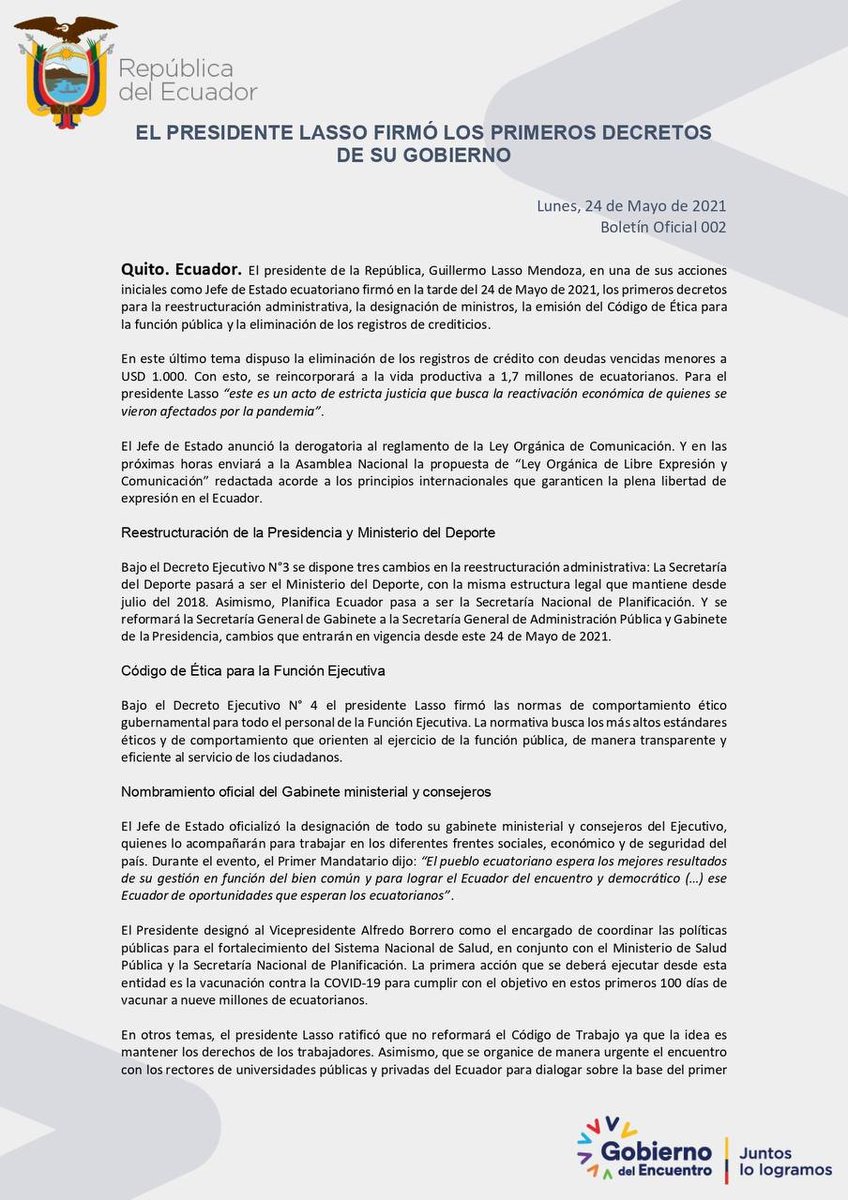 ComunicacionEc's tweet photo. Boletín Oficial 002 🇪🇨

El presidente @LassoGuillermo firmó los primeros decretos de su Gobierno.

📰➡ https://t.co/sUGykT5Hf6

#GobiernoDelEncuentro
#JuntosLoLogramos https://t.co/AcoOrBqbgV