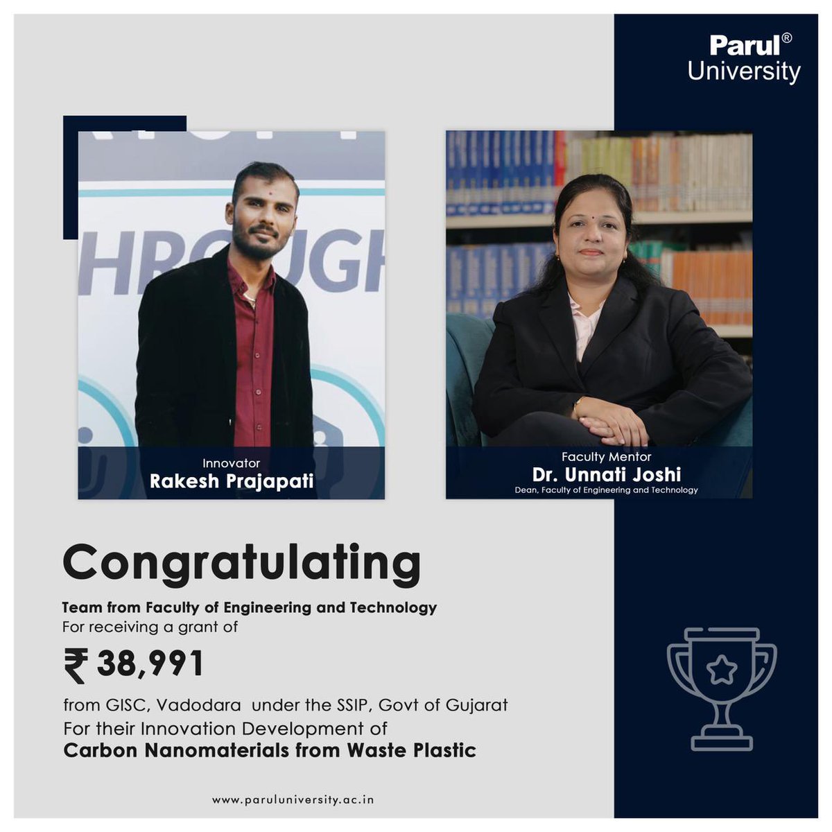 drdevanshupatel's tweet photo. Congratulations to team from Faculty of Engineering and Technology for receiving a grant of Rs. 38,991/- from GISC, Vadodara under the SSIP, Government of Gujarat for development of their prototype for their Innovation ‘Carbon Nanomaterials from Waste Plastic’
#startup https://t.co/AJaf7sFHaC