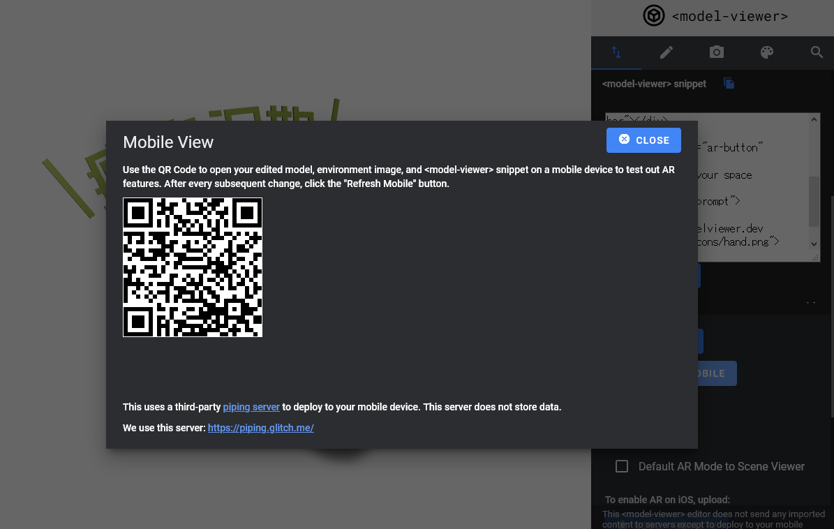 Tightnaven's tweet image. modelviewer.dev/editor/

おお。glitch開かなくてもmodel-viewerのブラウザ版エディタでAR表示のテストすぐできるんだ。　知らんかった…
glTFファイルブラウザにぽいってしてQRコードもらってChoromeで開くだけ

#WebAR #modelviewer