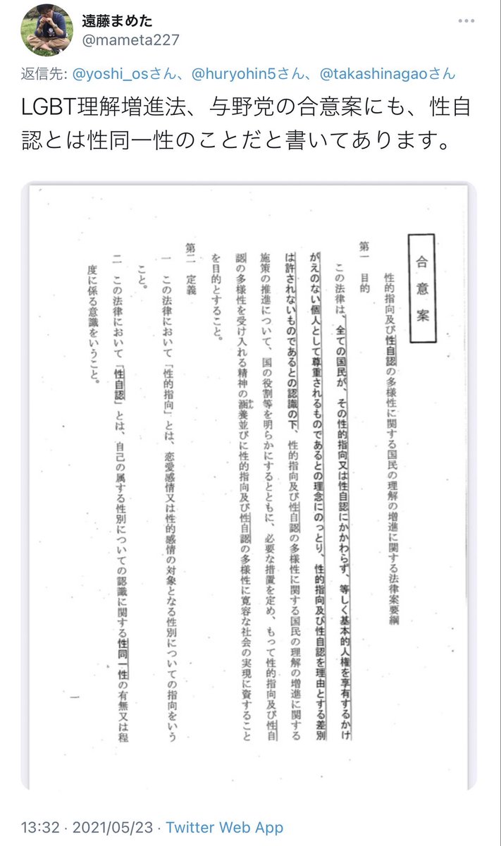 TodokoG's tweet photo. 何故か遠藤まめたが流出させるLGBT理解増進法の法案のコピー。こう言う現在進行形で検討中の資料は極秘扱いのものなのに。LGBT研修をお考えの企業の皆様、くれぐれも遠藤まめたのような問題の多いエセLGBT活動家を講演などに呼ぶ事をお辞めください。全く違った事を平気でケロケロと嘘を吐く人物です https://t.co/udV1YEfFUf