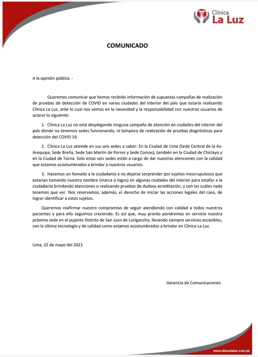 ClinicaLaLuz's tweet photo. Comunicado a la opinión pública. https://t.co/GJ0iyzoiNe