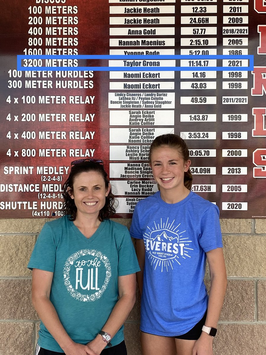 FredTrack's tweet photo. Not too often you get to have a previous school record holder from 1999 (Misti Kordzik “McMordie”, 11:18.35) take a picture with the new school record holder in 2021 (Taylor Grona, 11:14.17)! It’s impressive to have had a record stand for 22 years! #FbgGTrack21 #Together https://t.co/OHcRe1qstt