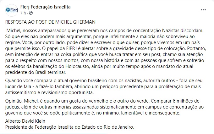 Michel Gherman on X: Hoje a Federação Israelita do Estado do RJ, Fierj,  respondeu minha afirmação de que bolsonaristas são nazistas. A mesma  federação que ficou calada quando membros da comunidade judaica