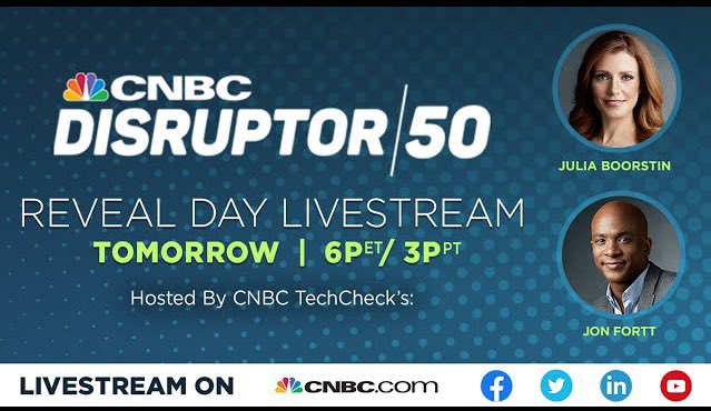 CNBC’s #Disruptor50, top 50 startups and private firms using breakthrough tech to transform industries, will be revealed tomorrow at 6pm ET.

With 400+ SPACs looking for deals, this list will be one to watch for potential unicorns.