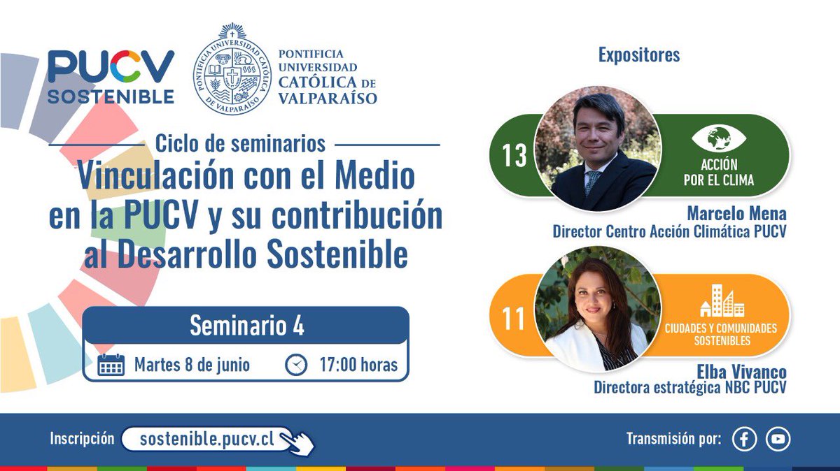 PucvSostenible's tweet photo. Los invitamos a participar en el 4to seminario del Ciclo de Vinculación con el Medio en la PUCV y su contribución al Desarrollo Sostenible, donde conoceremos experiencias de @nbcpucv y @AccionClimaPUCV 👏

📅Martes 08 de junio a las 17:00hrs.
👉Inscríbete https://t.co/MqbtFO8rJU https://t.co/s0lo0Dmryi