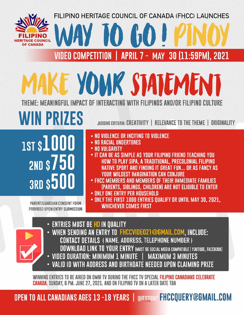 fhcccanada's tweet photo. Contest Alert! Submit a short video clip (1 to 3 minutes) about the meaningful impact of interacting with Filipinos and/or Filipino culture. Winning entries will get a cash prize &amp; will be featured in OMNI TV, FHCC TV special, Filipino-Canadians Celebrate Canada, 7/27/2021, 6pm. https://t.co/SNUfiSM6vO