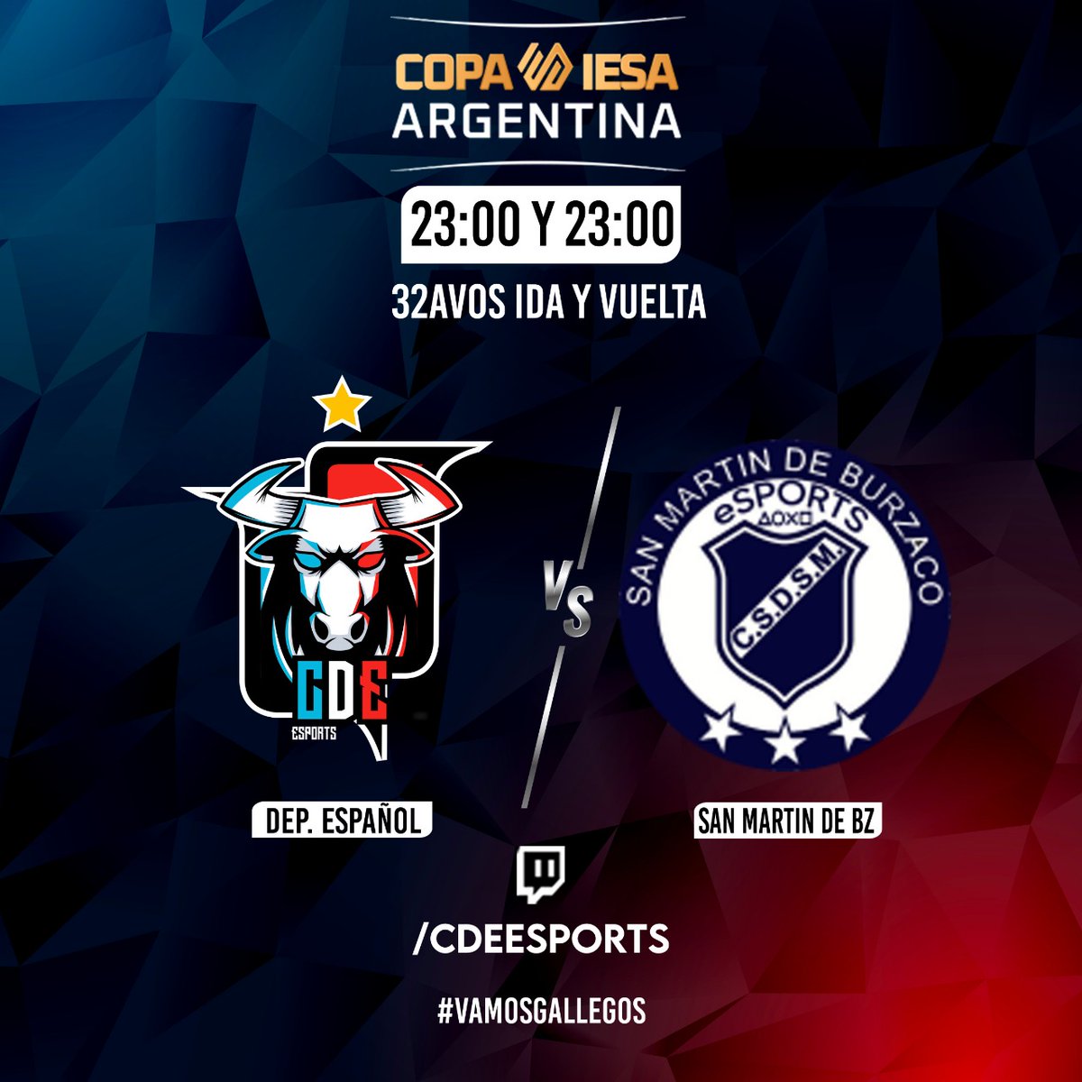 🏆 ¡Noche de Copa! 🇦🇷

⚽️ Copa Argentina - 32avos.

📌 23hs. Vs. <a href="/SanMartindeBeS/">San Martín de Burzaco eSports</a>

🖥 twitch.tv/cdeesports

#VamosGallegos 🇪🇸🎮