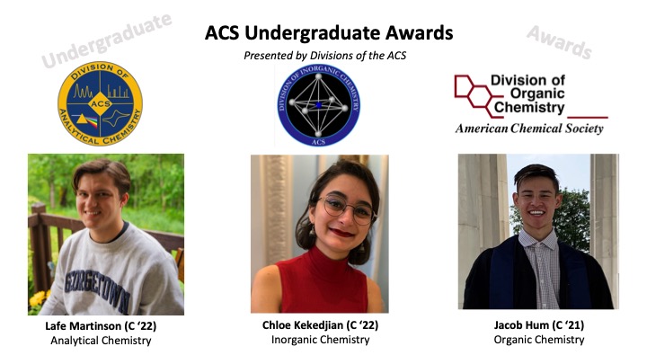 Congratulations to Lafe Martinson (C'22), Chloe Kekedjian (C'22) and Jacob Hum (C'21) for winning ACS Awards in Analytical, Inorganic, and Organic Chemistry! <a href="/ACS_ANYL/">@ACS_ANYL</a> <a href="/ACSINORDivision/">ACSINORDivision</a>  <a href="/ACSorganic/">ACS Organic Division</a>