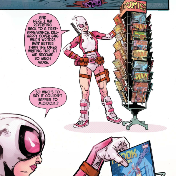 CrazyforRAMU's tweet photo. They don't just do the #MODOK cartoon; @pattonoswalt &amp; @BlumJordan write a great #Gwenpool, too.

From MODOK: Head Games #3, now available on #MarvelUnlimited. Art by #ScottHepburn.

("Writers way better" = @drhastings)

#SelfDeprecationDoneRight #FunnyPanels https://t.co/f75hL9fuxn