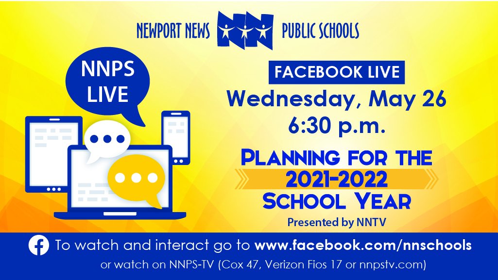 nnschools's tweet photo. Superintendent @DrGParker and other members of the NNPS leadership team will discuss the plans for the 2021-2022 school year and answer your questions live on our Facebook page (https://t.co/A5teIJnx4I) on Wednesday, May 26, from 6:30-7:30 p.m. Have your questions ready! https://t.co/mixpq6VAnc