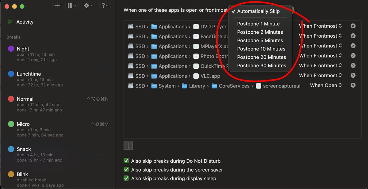 dejal's tweet photo. Announcing @DejalTimeOut 2.8, featuring a new option to end a break early, the ability to postpone breaks instead of skip them, or use Do Not Disturb with app exclusions, a choice to show the time since the last break in the status item, and more. https://t.co/DUYmpNtJa7 https://t.co/U44assfOOe
