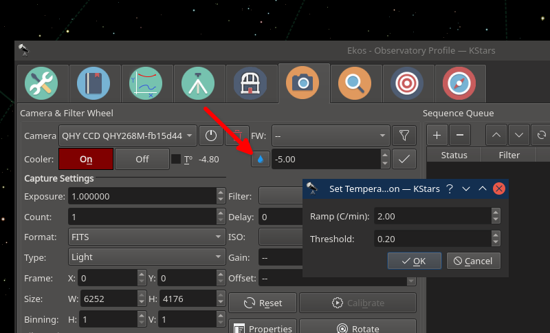 JasemMutlaq's tweet image. Camera Temperature Regulation is available now in #INDI and #KStars. You can set the desired ramp for a gradual cool down or warm up for your camera.