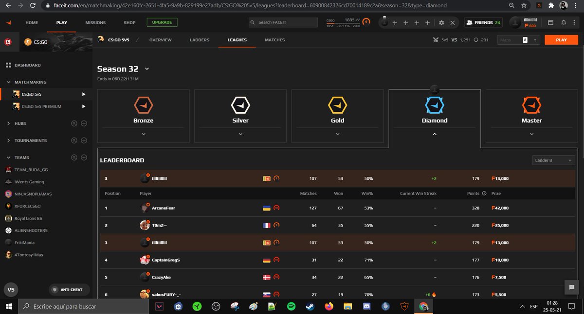 Tercero en la Diamond league de todo FACEIT EUROPA.
