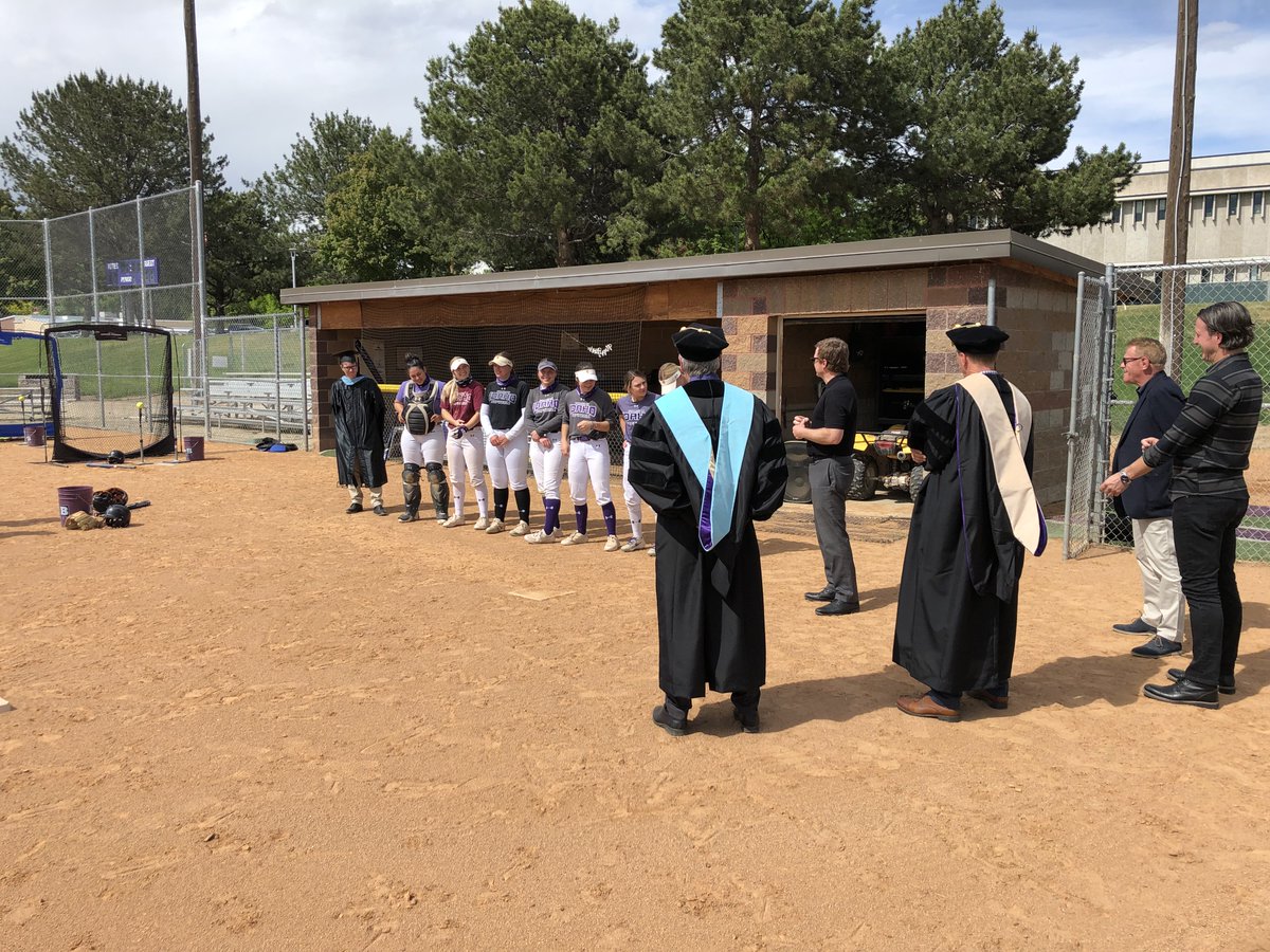 collegeofidaho's tweet photo. Celebrating and sending off the softball team and it's 7 seniors to Nationals, which will cause them to miss Commencement on Saturday. We are so proud of these fine student-athletes! Go Yotes! #YoteFam #Nationals https://t.co/0MvdJhGZol