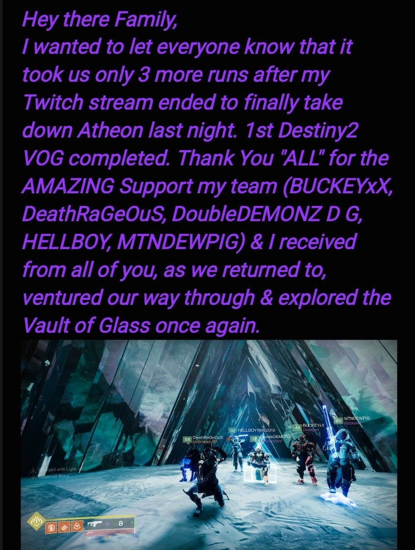 Proud_Navy_MaMa's tweet photo. A BIG THANK YOU GOING OUT TO MY ABSOLUTELY AMAZING #twitch &amp; #Destiny2 community family; for your humbling &amp; outstanding support last night. (Please read the image below)
#bungie #destinythegame #DestinyStrong #SupportSmallStreamers #SupportSmallStreams #VOG #VaultofGlass https://t.co/Pe3xSYj8y9