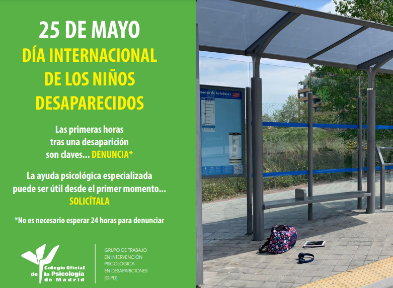 Hoy día 25 de mayo de 2021 se conmemora el "Día Internacional de los niños desaparecidos"

La ayuda psicológica especializada puede ser útil desde el primer momento.

#WorldMissingChildrenDay
#InternationalMissingChildrensDay