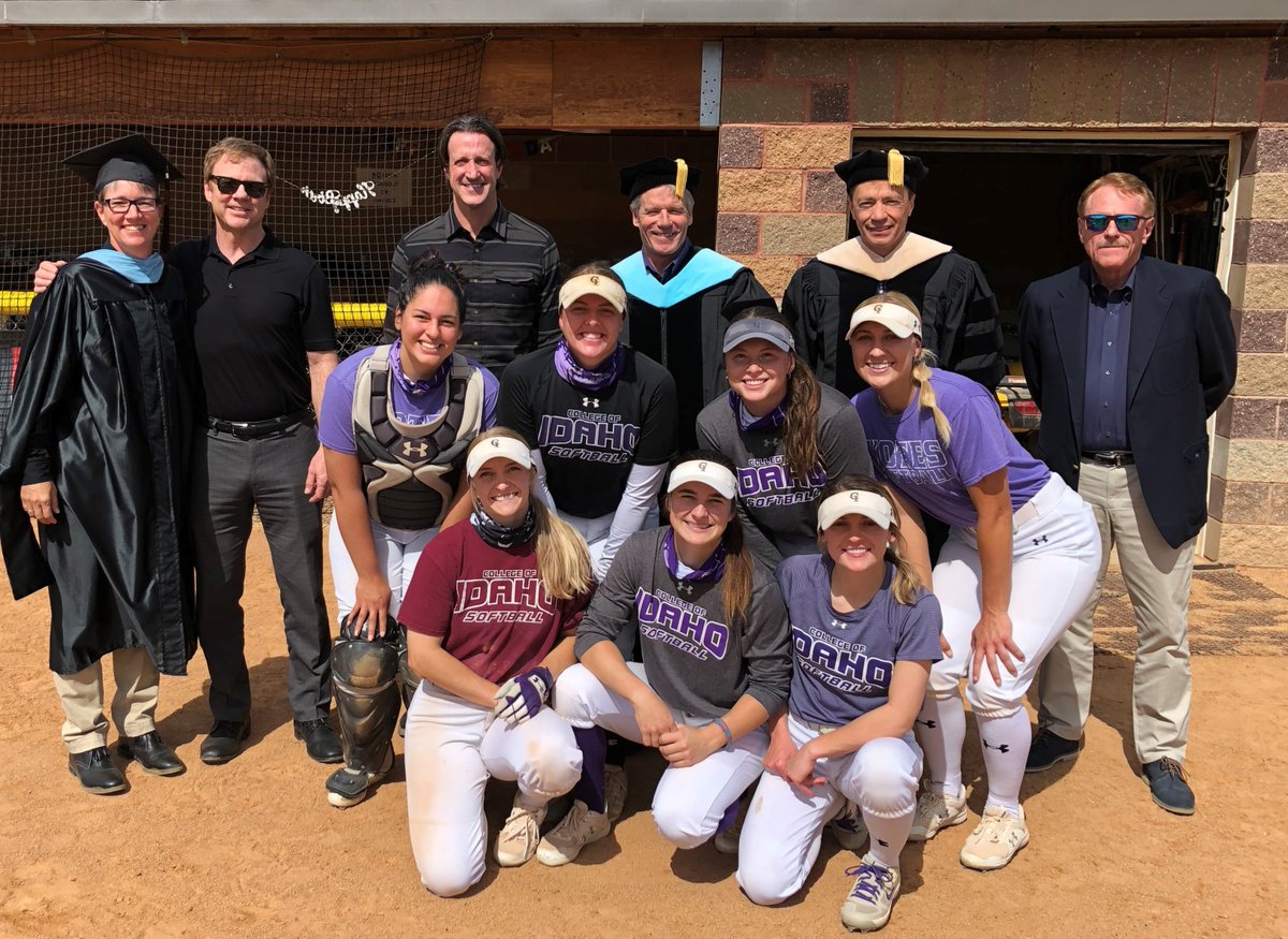 collegeofidaho's tweet photo. Celebrating and sending off the softball team and it's 7 seniors to Nationals, which will cause them to miss Commencement on Saturday. We are so proud of these fine student-athletes! Go Yotes! #YoteFam #Nationals https://t.co/0MvdJhGZol