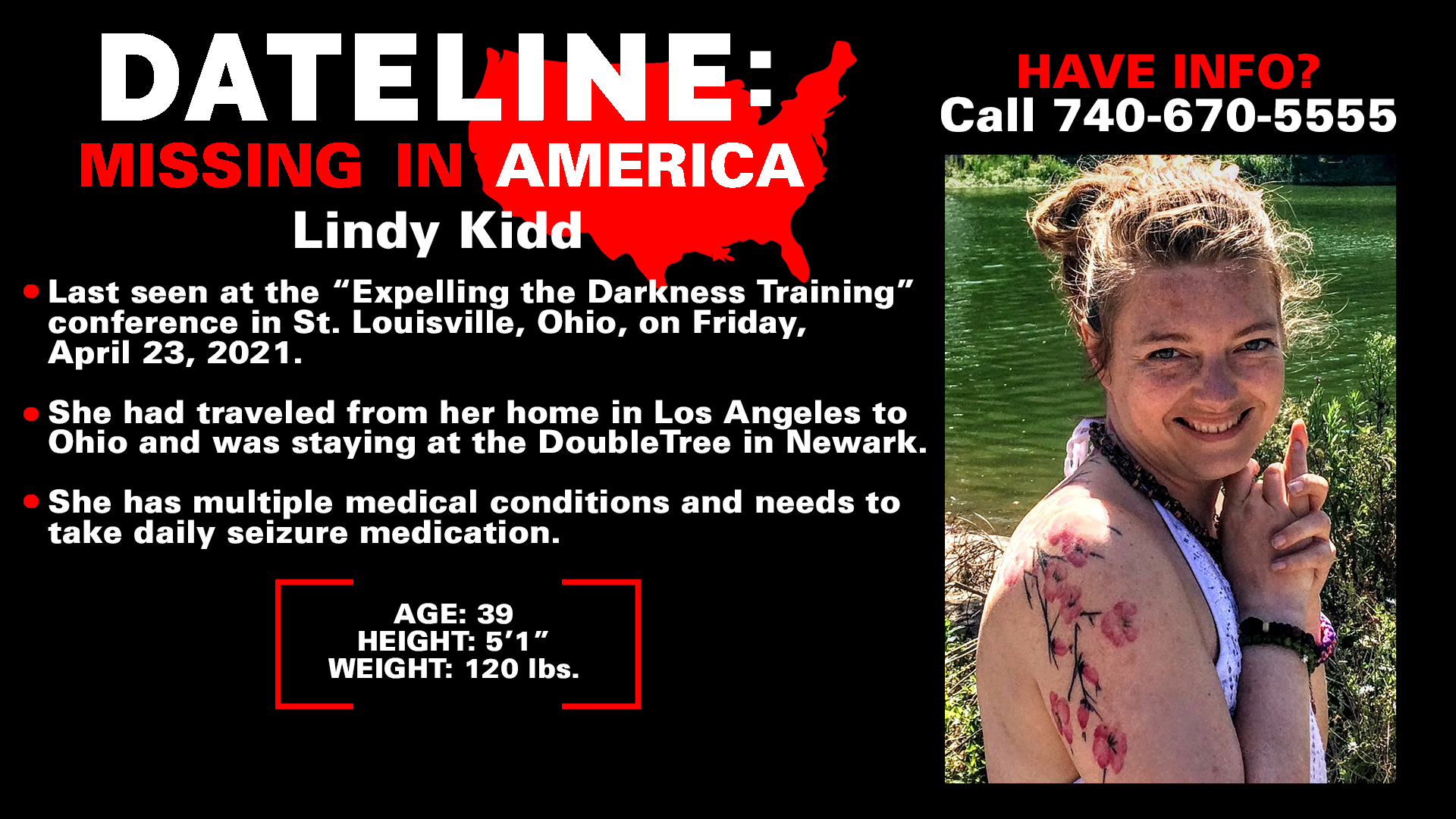 Dateline NBC on Twitter: "Lindy Kidd left her Los Angeles home in April to  attend the “Expelling the Darkness Training” conference in St. Louisville,  Ohio. She never returned and hasn't been seen