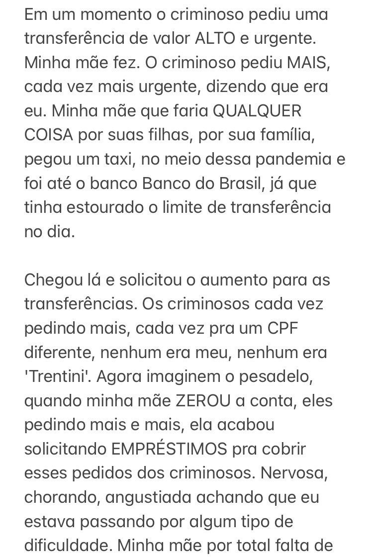 trentinireal's tweet photo. Gente, URGENTE AQUI, preciso de um canal de comunicação com o @BancodoBrasil. Minha mãe sofreu um golpe no WhatsApp e levaram todas as suas economias. Leiam o meu relato. https://t.co/Aw22O2l5fz