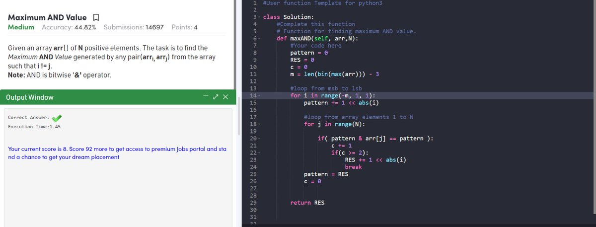 jalenamathew's tweet image. Day 6 of #100DoC
Solved the gfg problem: Maximum AND  Value. Learnt the implementations of bitwise operations.
#scalerLearning #scaler100DoC 
#codewithscaler #Python
#100daysofcode
#codechallenge