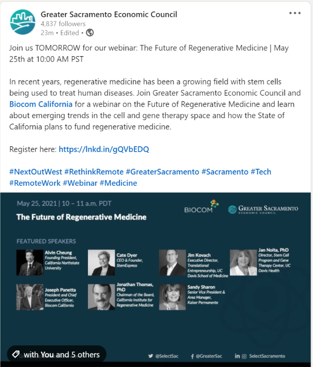 I am excited to moderate this @selectsac webinar tomorrow! 
The Future of Regenerative Medicine
May 25th at 10:00 AM PST

Register here: lnkd.in/gQVbEDQ

#NextOutWest #RethinkRemote #GreaterSacramento #Sacramento #Tech #RemoteWork #Webinar #Medicine