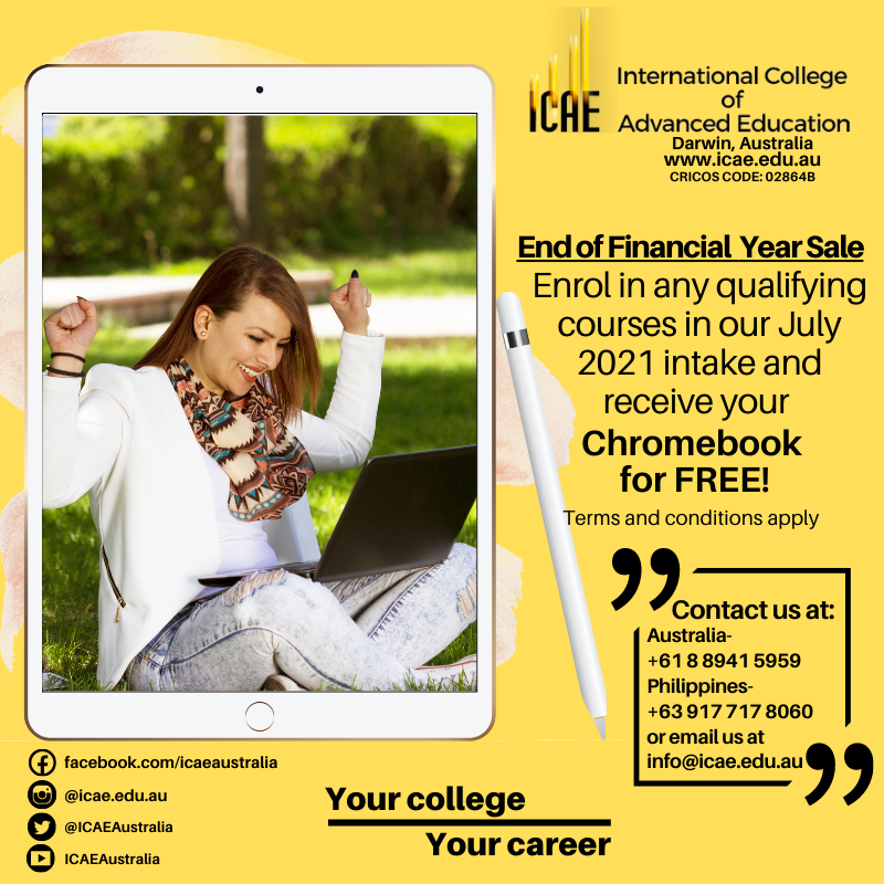 ICAEAustralia's tweet photo. End of Financial Year Sale! Enrol in any qualifying courses in our July 2021 intake and receive your Chromebook for FREE! Terms &amp; Conditions apply. Enrol at ICAE now!
Apply online through the link below: https://t.co/k5JoK7LfJP https://t.co/n5MKnsuzJE