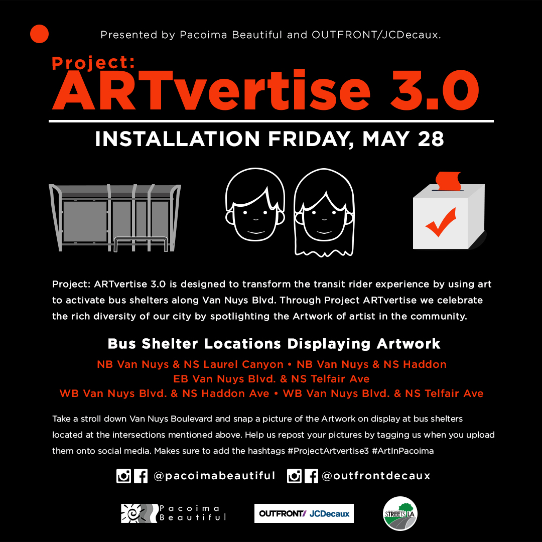 PB__Community's tweet photo. We can't wait for the unveiling of  Project ARTvertise! Pacoima Beautiful &amp; @OutfrontDecaux are proud to present the 3rd round. Designed to enhance the rider experience using local art. 🎨

 #ProjectAdvertise3 #ArtInPacoima #keeppacoimabeautiful #projectartvertise https://t.co/OjDJDNeJ2n