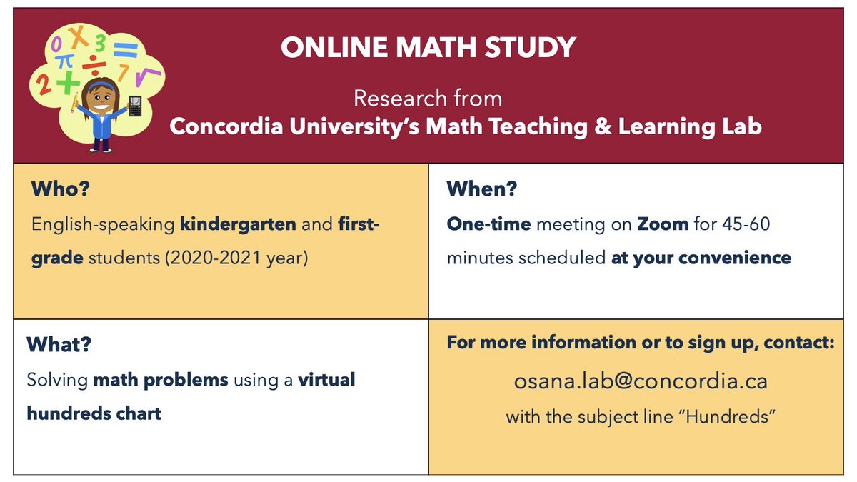 MathTeachLrnLab's tweet image. Our lab is recruiting kindergarten and first-grade students for an online study on Hundreds Charts and math problem solving. More information about this fun project below! @OsanaHelena @MathTeachLrnLab