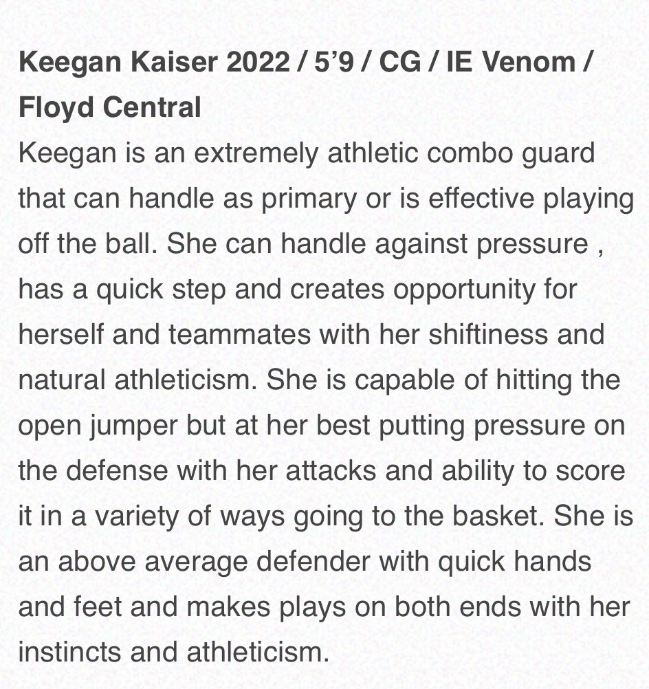 Great comments from <a href="/coachbeckett/">IGBRR Hoops</a> about the play of Keegan Kaiser, 5’9” Guard, Floyd Central HS, at The Showdown/Chalk Talk, Indianapolis, May 23-24, 2021. Check out game film of Keegan and the rest of the IN Elite Venom (2022) players at indianaelitevenom2022.com