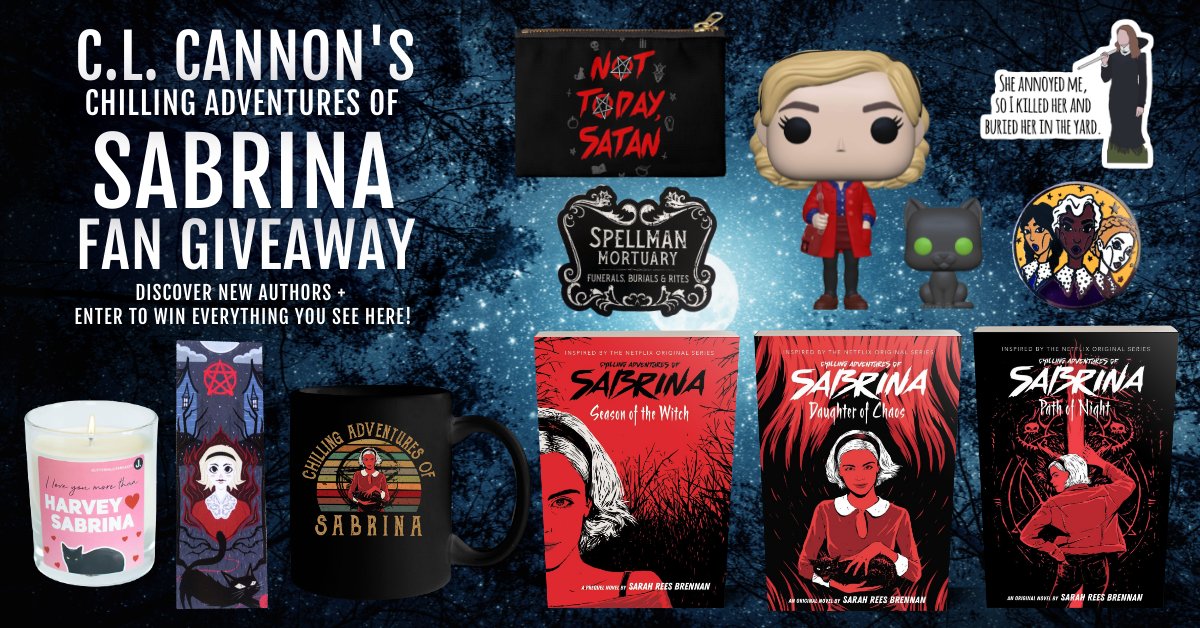 CLCannonAuthor's tweet photo. 💀Must be the season of the witch 🎃 We have an absolutely magical #Sabrina giveaway for you!💀
Enter - https://t.co/7exbgslb9o
🩸#Win Sabrina: Season of the Witch, Daughter of Chaos, &amp; Path of Night +  Sabrina Funko, candle, pin, mug, zipper pouch, bookmark, magnet, &amp; sticker!🩸 https://t.co/wMG9PDp1wK