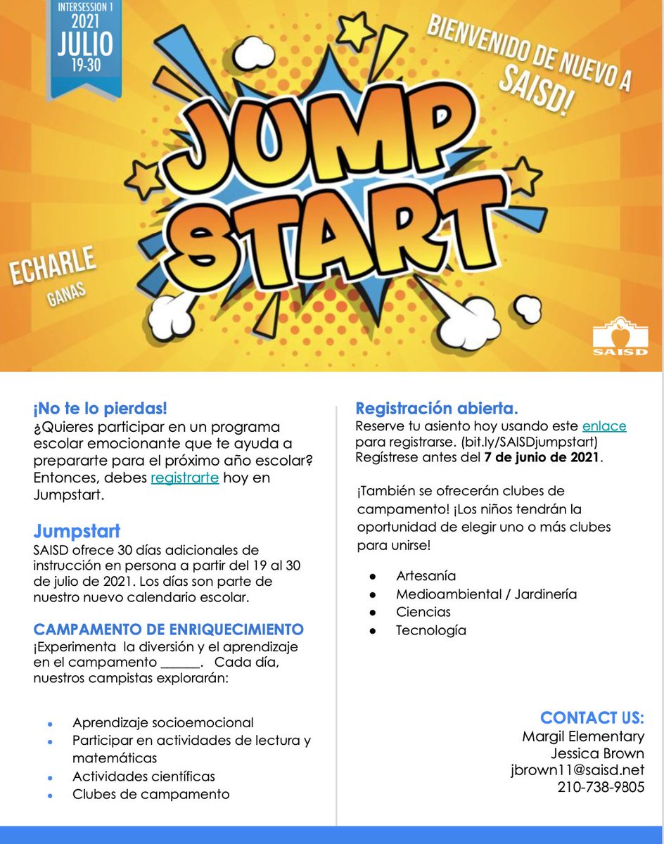 SAISDMargil's tweet photo. Don't miss out on our fun summer JumpStart program!  Register here: https://t.co/US93e26NjK and let your teacher know if you can attend. https://t.co/QUOnpuqusL