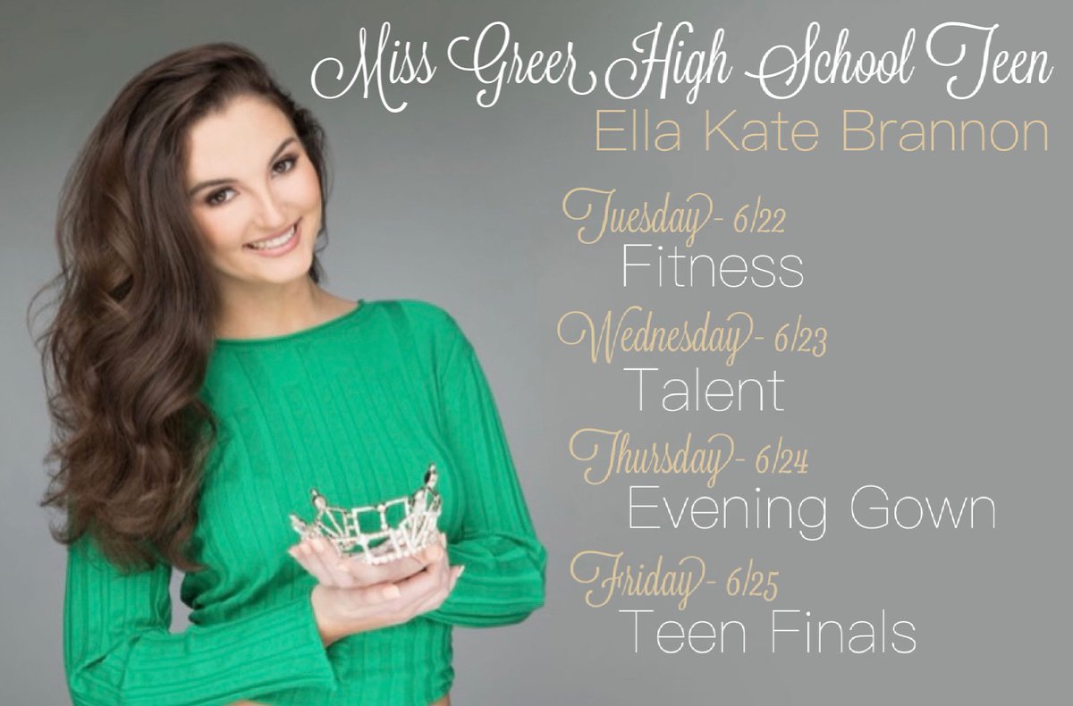ella_brannon's tweet photo. Competition is getting close!!! I am so excited to share what I will be competing in each night! Tickets will be available at https://t.co/skS3OyeJgt beginning June 1st! I can’t wait to take on the Miss SC stage!!💚 #missghs #missghs2020 #missscteen #missscteen2021 https://t.co/8mh1DGBZWT
