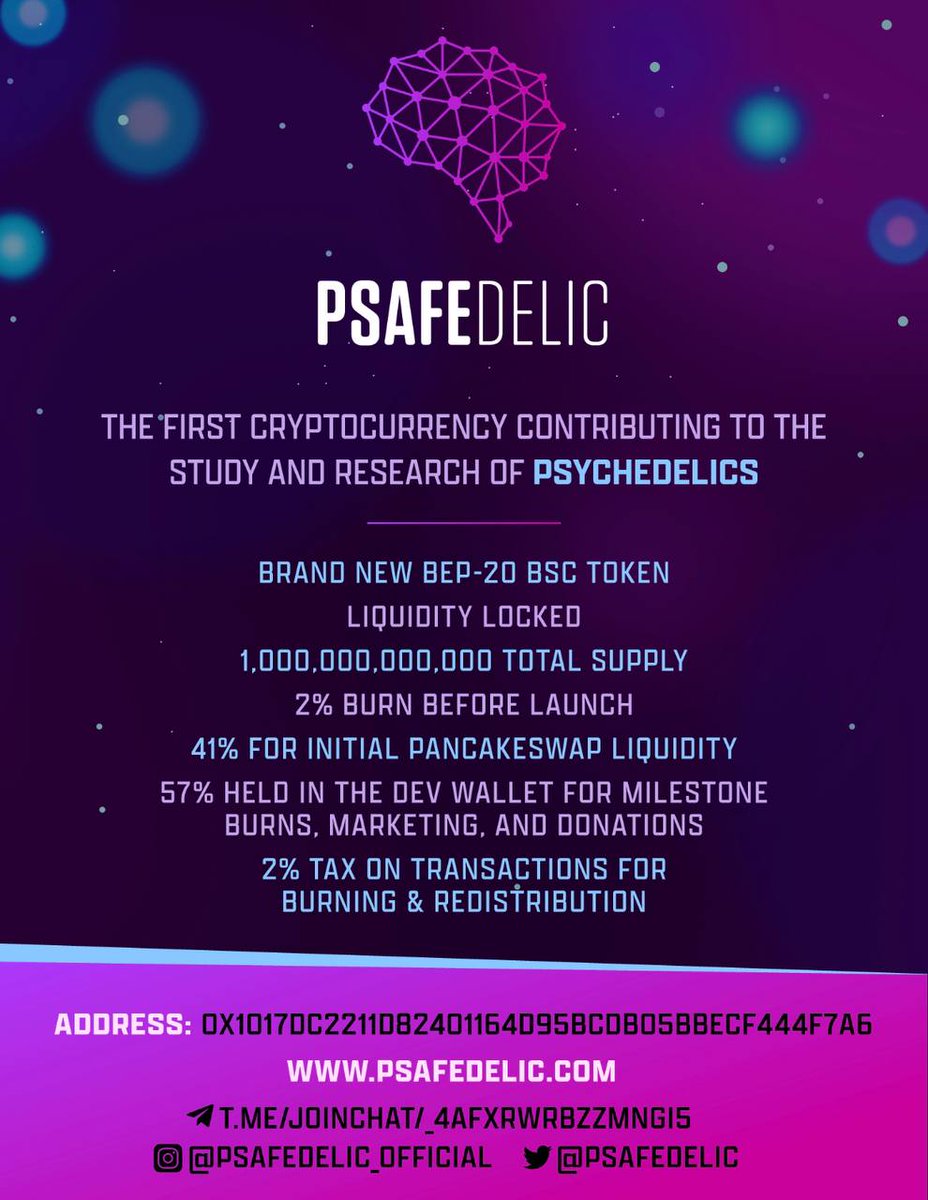 psafedelic's tweet photo. Are you feeling Psafedelic?
#cryptocurrency #psychedelics #psychedelicresearch #BNB #bsc #binancesmartchain #bep20 #pancakeswap #defi #decentralized #crypto #psafedelic #psafe #tothemoon https://t.co/5mcFFpIX3W