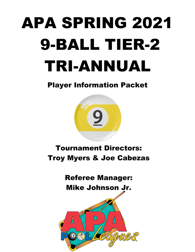 APAPoolLeagueMD's tweet photo. 2021 Spring 9-Ball Tier-2 Tri-Annuals - Team Packet https://t.co/1vH6Hywb8m https://t.co/U0i3WU0D5b
