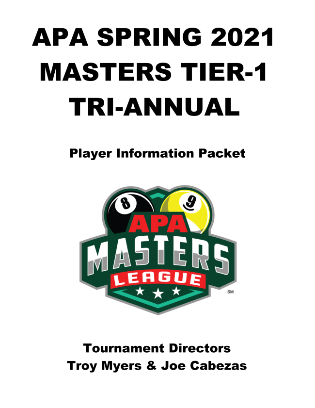 APAPoolLeagueMD's tweet photo. Spring 2021 Tier-1 Masters Tri-Annuals - Team Packet https://t.co/EG6WzMeo8S https://t.co/I6zPOqmXyX