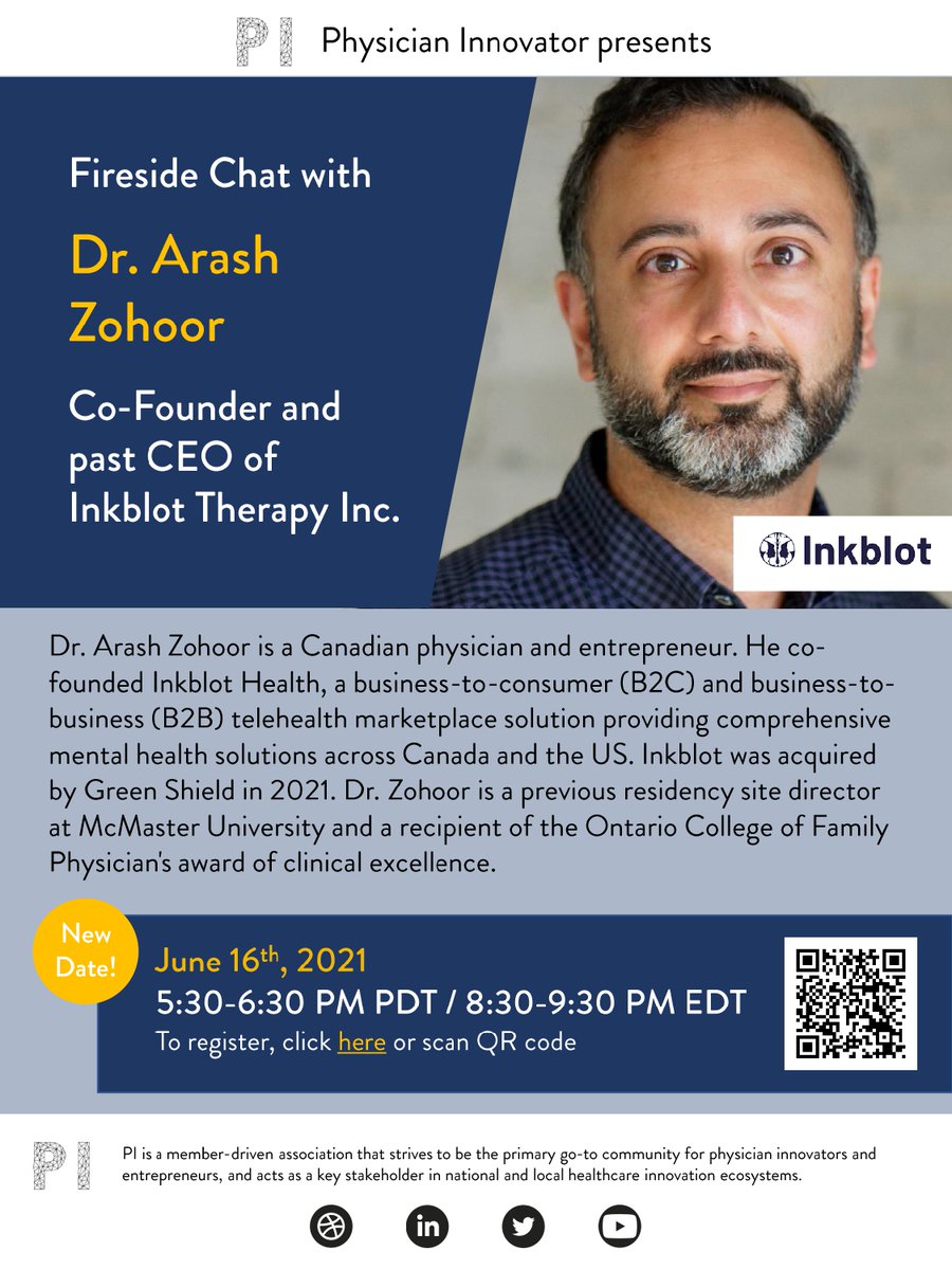 Physician Innovator (@physinnovator) on Twitter photo Happy to announce our next Fireside Chat June 16th with <a href="/arashzohoor/">Arash Zohoor</a>! Looking forward to learning about the future of mental health therapy and counselling! Registration is free! Happy to announce our next Fireside Chat June 16th with <a href="/arashzohoor/">Arash Zohoor</a>! Looking forward to learning about the future of mental health therapy and counselling! Registration is free!
