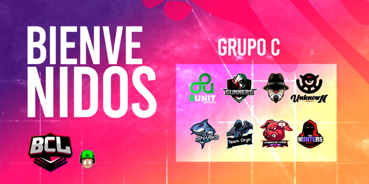 #BS | PRESENTACIONES

🌟 Grupo C:
• @8UeSports
• <a href="/Gunners_141414/">GUNNERS ESPORTS</a>
• <a href="/Gang0271/">Gang 🕶️</a>
• <a href="/Unk_Girls/">F/A Unknown Girls NA</a>
• <a href="/KS__eSports/">KS Esports</a>
• <a href="/TeamOryx2/">ᴵᵗ'ˢOryx</a>
• <a href="/OrdenCerdo/">La Orden Del Cerdo</a>
• @SLHAcademy_GG

¡Bienvenidos!

#BCL