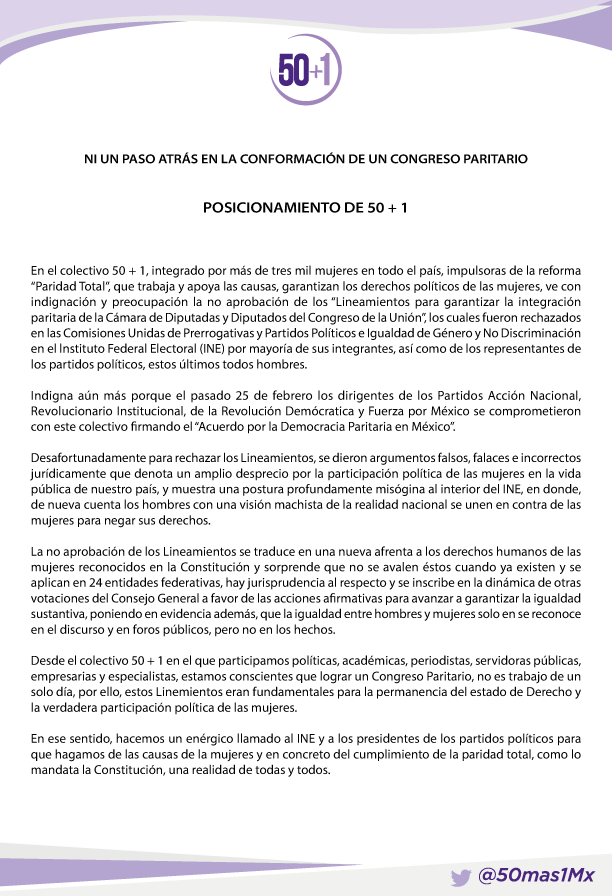 CentralColectiv's tweet photo. Desde #50Más1 hacemos un enérgico llamado al @INEMexico y a los presidentes de los partidos políticos para que hagamos de las causas de la mujeres y en concreto del cumplimiento de la paridad total, como lo mandata la Constitución, una realidad de todas y todos. @nenaorantes https://t.co/bA2dylaxdN