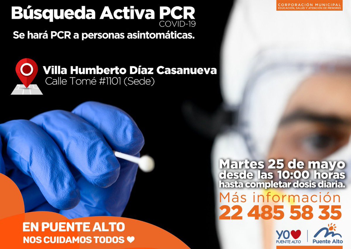 cmpuentealto's tweet photo. Nuestros #OperativosPCR siguen recorriendo la comuna. Martes 25 de mayo te esperamos en las Villas Lomas de Eyzaguirre y Humberto Díaz Casanueva. Debes llevar tu carnet de identidad y tu permiso temporal. Recuerda que no debes tener síntomas.
Más detalles👇🏻 https://t.co/xhsavI2ZvC