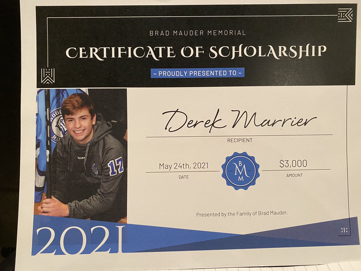 WDBYHockey's tweet photo. Derek Marrier received generous scholarship tonight from the family of Brad Mauder, in Brad’s memory. Very proud of Derek; very sad for the Mauder family. Brad’s smile still radiant, so many who miss it. @heymarrier #YouAreNotAlone @coachwick23 https://t.co/rzsk5ZOXPY