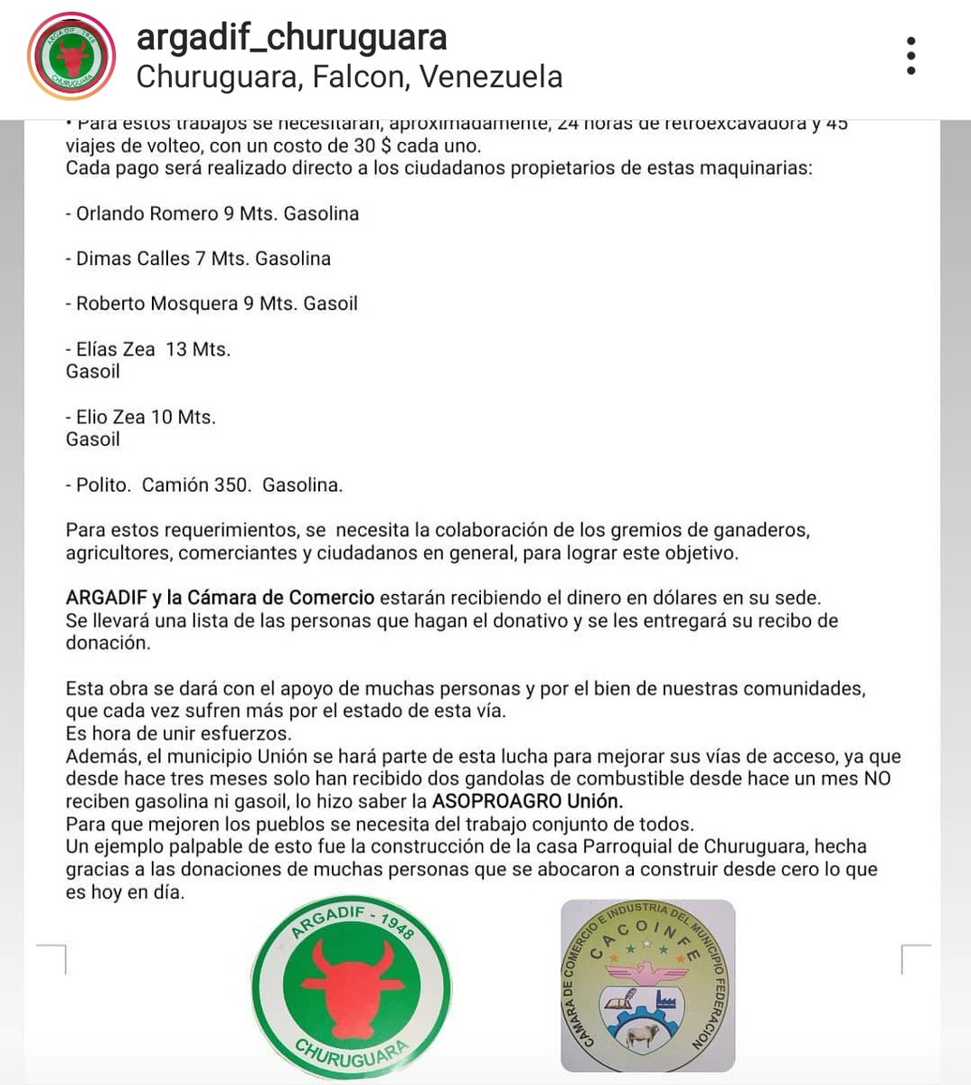 churuguara's tweet photo. #24May Son los ganaderos y comerciantes quienes asumirán los gastos de reparación con granza, de la vía #Churuguara/#Maparari/El Cruce en #Falcón. Son décadas de desidia y abandono oficial de esta importante via, por donde circula la producción agrícola y ganadera de la zona. https://t.co/TTSVEJfa60