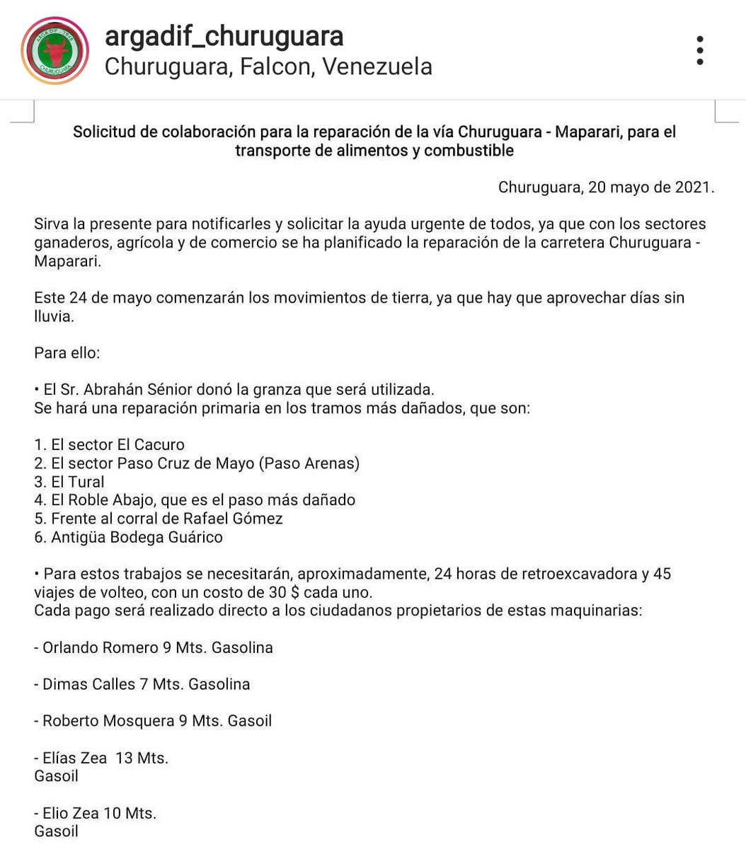 churuguara's tweet photo. #24May Son los ganaderos y comerciantes quienes asumirán los gastos de reparación con granza, de la vía #Churuguara/#Maparari/El Cruce en #Falcón. Son décadas de desidia y abandono oficial de esta importante via, por donde circula la producción agrícola y ganadera de la zona. https://t.co/TTSVEJfa60