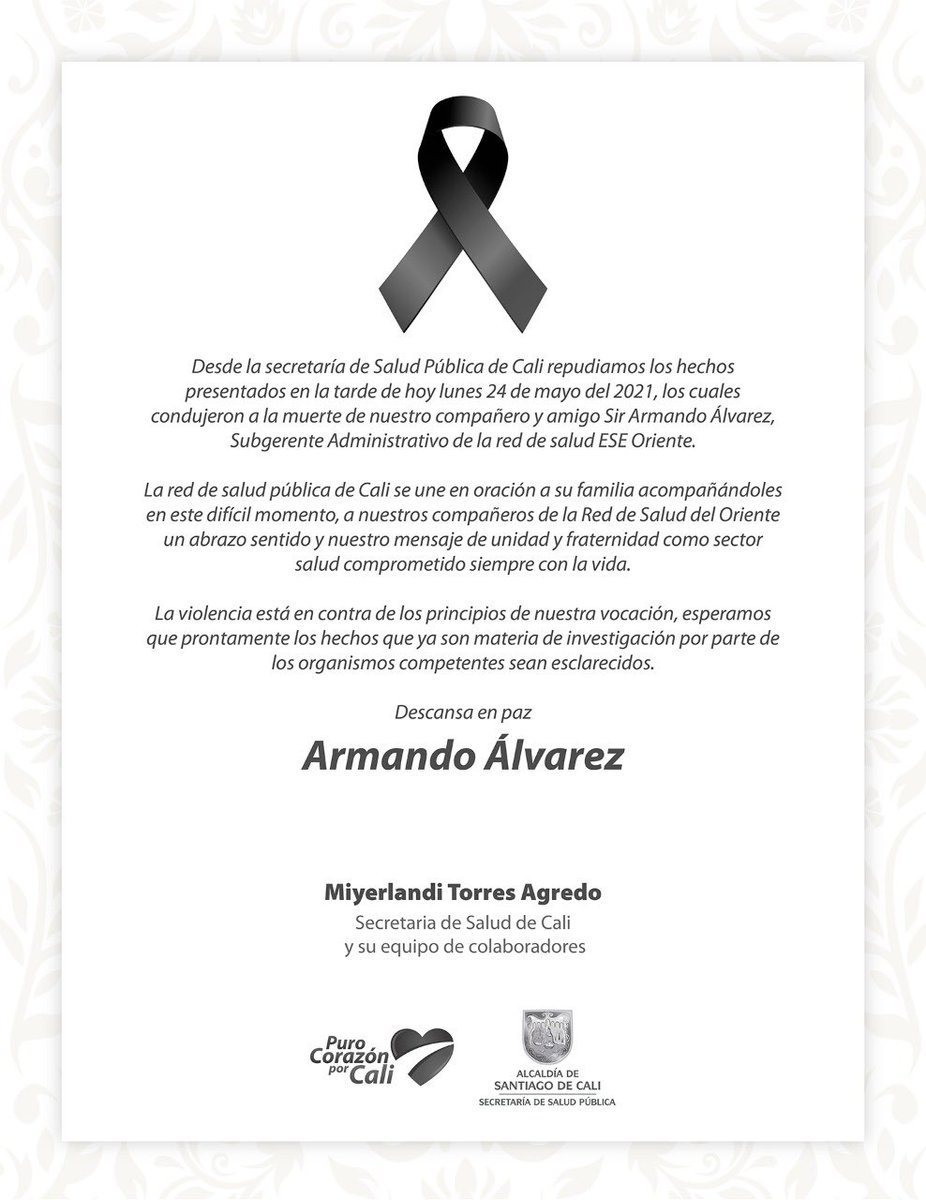 MiyerlandiT's tweet photo. Con profundo sentimiento de tristeza desde la @SaludCali compartimos este mensaje. 

A mis compañeros de la @EseOriente un abrazo, mis oraciones con ustedes 🙏🏻🕊

@JorgeIvanOspina https://t.co/9zTLR2xH5D