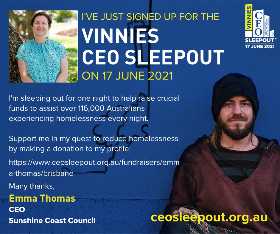 Coming up at the Sunshine Coast Stadium on the 17th June, Sunshine Coast Council CEO Emma Thomas, will be participating in the Vinnies CEO Sleepout. Should you wish donate to support Emma in reaching her target of $5000, visit bit.ly/EDMDonateEmmaT….

#sunshinecoastcouncil