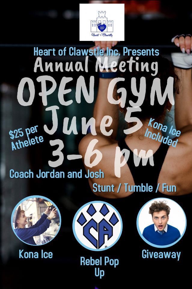 Come join Coach Josh &amp; Coach Jordan Saturday June 5th from 3-6pm for an Open Gym benefiting our in-house scholarship program, Heart of the Clawstle!
Admission is just $25 per athlete! 
Go to cheerathletics.com to register (find it under Camps/Workshops) today!