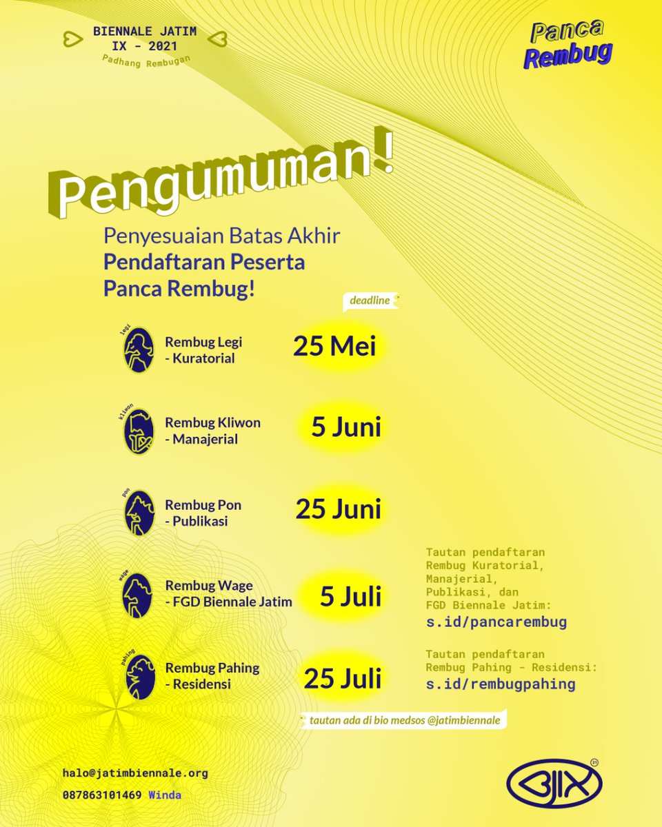 Terima kasih atas antusiasme yang tinggi untuk mendaftar program #PancaRembug Jatim Biennale IX 2021 🙌

Penyesuaian batas akhir perlu dilakukan karena kami sadar bahwa kabar sedang menyebar, dan kami tidak ingin ada yang tertinggal. 
🌞🌞🌞