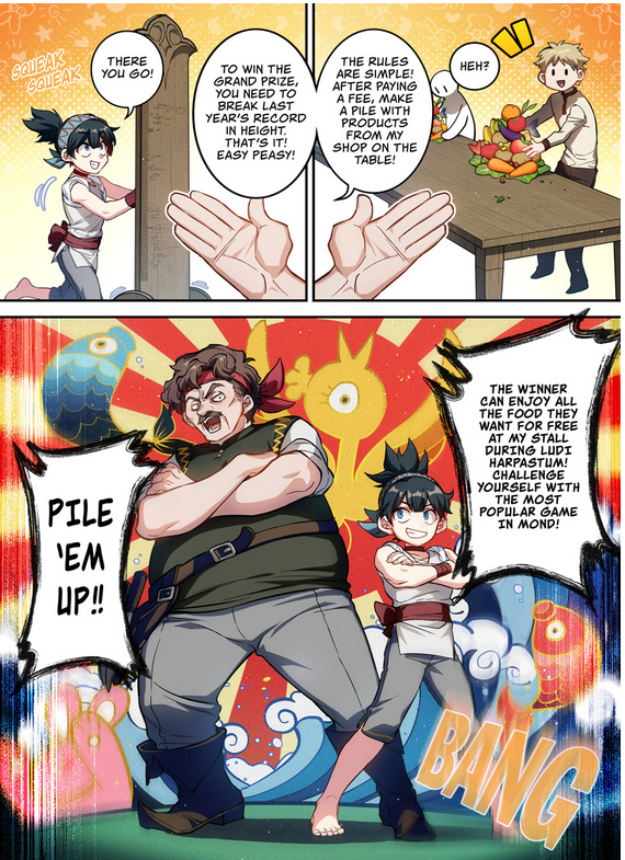 When we're talking about Pile 'Em Up game, it's a game when you pile up food: the taller, the better

There's a legend: once the food tower fell and caused injuries + general damage. It took 3 days to finally clean up meat and vegetables, since then Ludi's held outside the city 