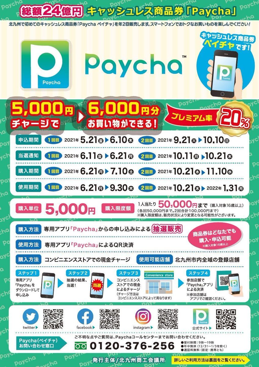 好きっちゃ北九州 北九州市公式 電子商品券 Paycha 本市初 北九州市商工会議所が 電子商品券 Paycha ペイチャ を販売します プレミアム率 で 市内の登録店舗で利用できます スマホでのお得なお買い物をお楽しみください 購入方法 抽選 や 好きっちゃ北九州 北九州市公式 電子商品券 Paycha 本市初 北九州市商工会議所が 電子商品券 Paycha ペイチャ を販売します プレミアム率 で 市内の登録店舗で利用できます スマホでのお得なお買い物をお楽しみください 購入方法 抽選 や